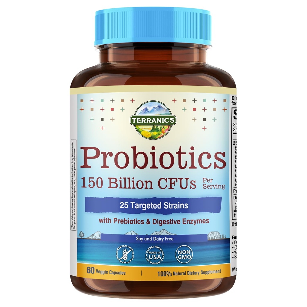 Terranics Daily Probiotics for Men & Women, 150 Billion 25 Strains Colon Care Probiotics, mit Prebiotics & Enzymes, Gesunde Regelmäßigkeit, verzögerte Veröffentlichung, Regal stabil, 60 Veggie Caps