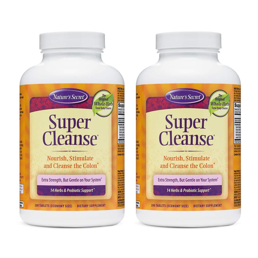 Nature's Secret Super Cleanse Extra Strength Toxin Detox & Gentle Elimination Body Cleanse, Digestive & Colon Health Support - Stimulierende Mischung von 14 Kräutern mit Probiotika - 200 Tabletten (Pack von 2)