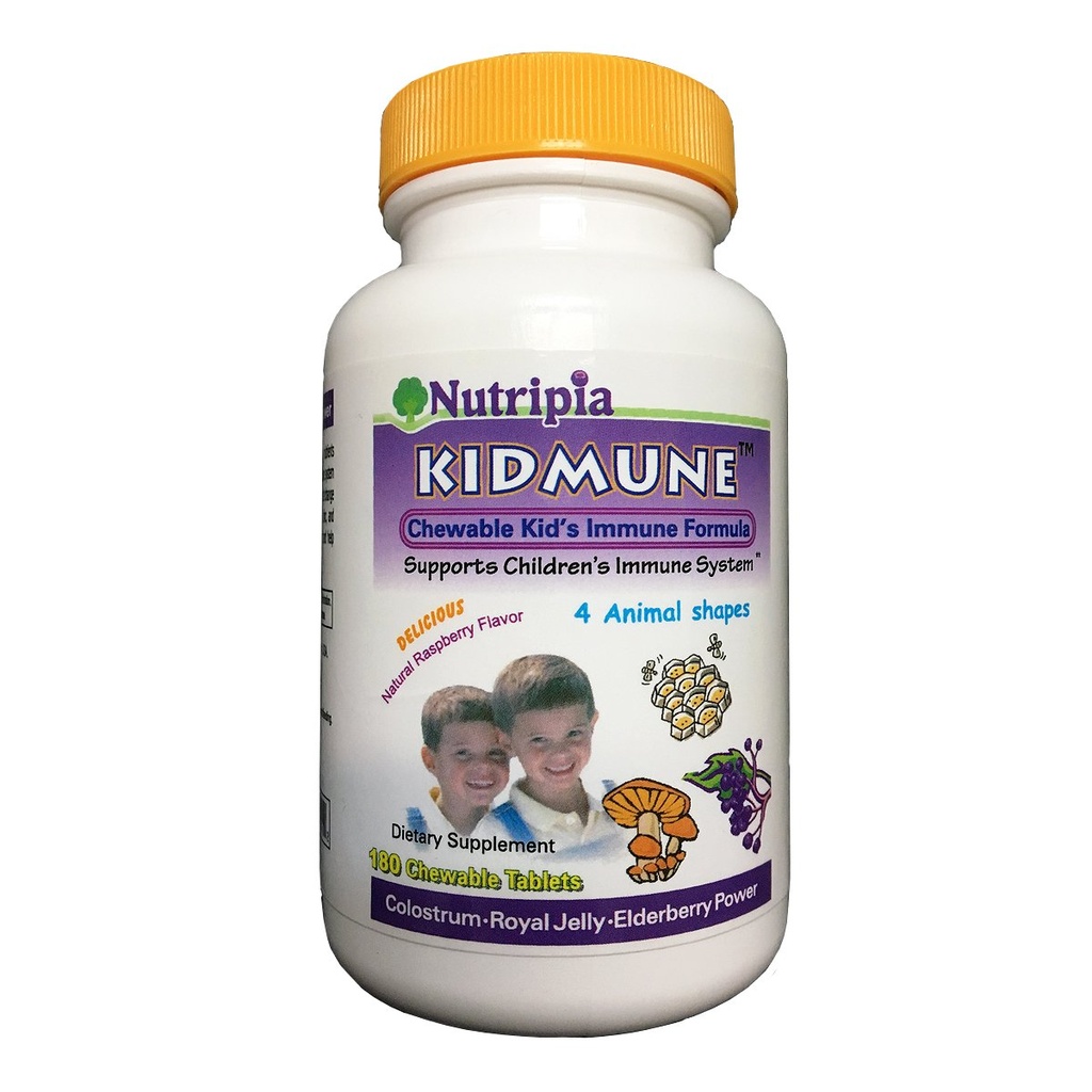 Kidmune Kinder Immun Booster - 180 Chewable Mini Tabs mit Elderberry, Colostrum, Propolis, Beta Glucan, Astragalus, Vitamin C, D, Zink - Fun 4 Animal Shapes!