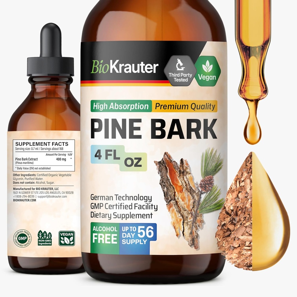BIO KRAUTER Pine Bark Extract - Reich an Antioxidantien Liquid Supplement - 400 mg Französisch Maritime Pine Bark Extrakt Tropfen - Vegan, Alkohol &amp; Zucker frei - 4 Fl Oz