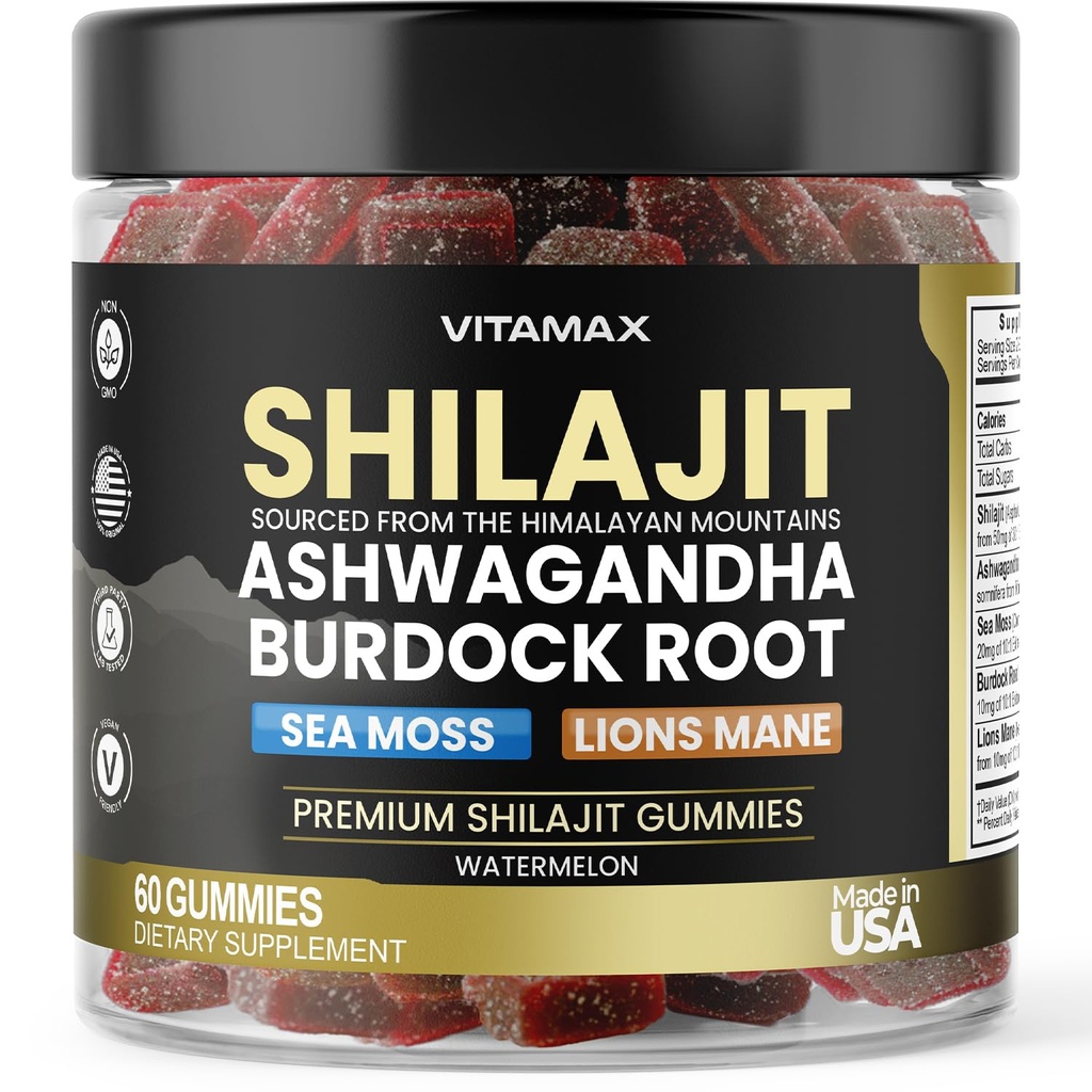 Organic Shilajit Gummis, Sea Moss, Ashwagandha, 105+ Trace Minerals – Organic Burdock Root & Lions Mane Mushroom – Watermelon Flavor - Vegan & Non-GMO – Made in USA – 60ct