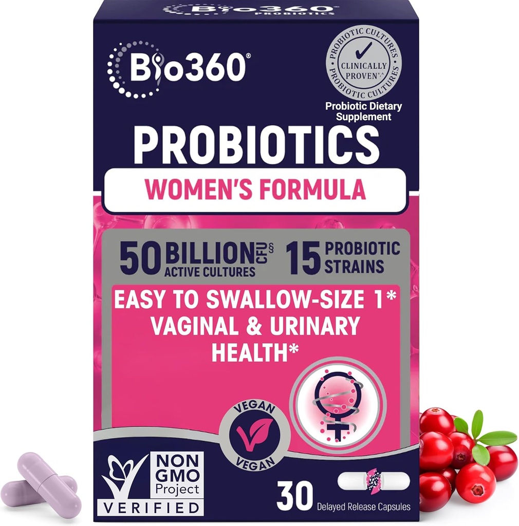 Bio360 Probiotics for Women Vaginigal Health - Unterstützt pH Balance, Vaginal, Urinary, & Digestive Health - 50 Billion CFU & 15 Einzigartige Strains für gesunde Vaginal Odor & Vaginal Flora - Shelf Stable