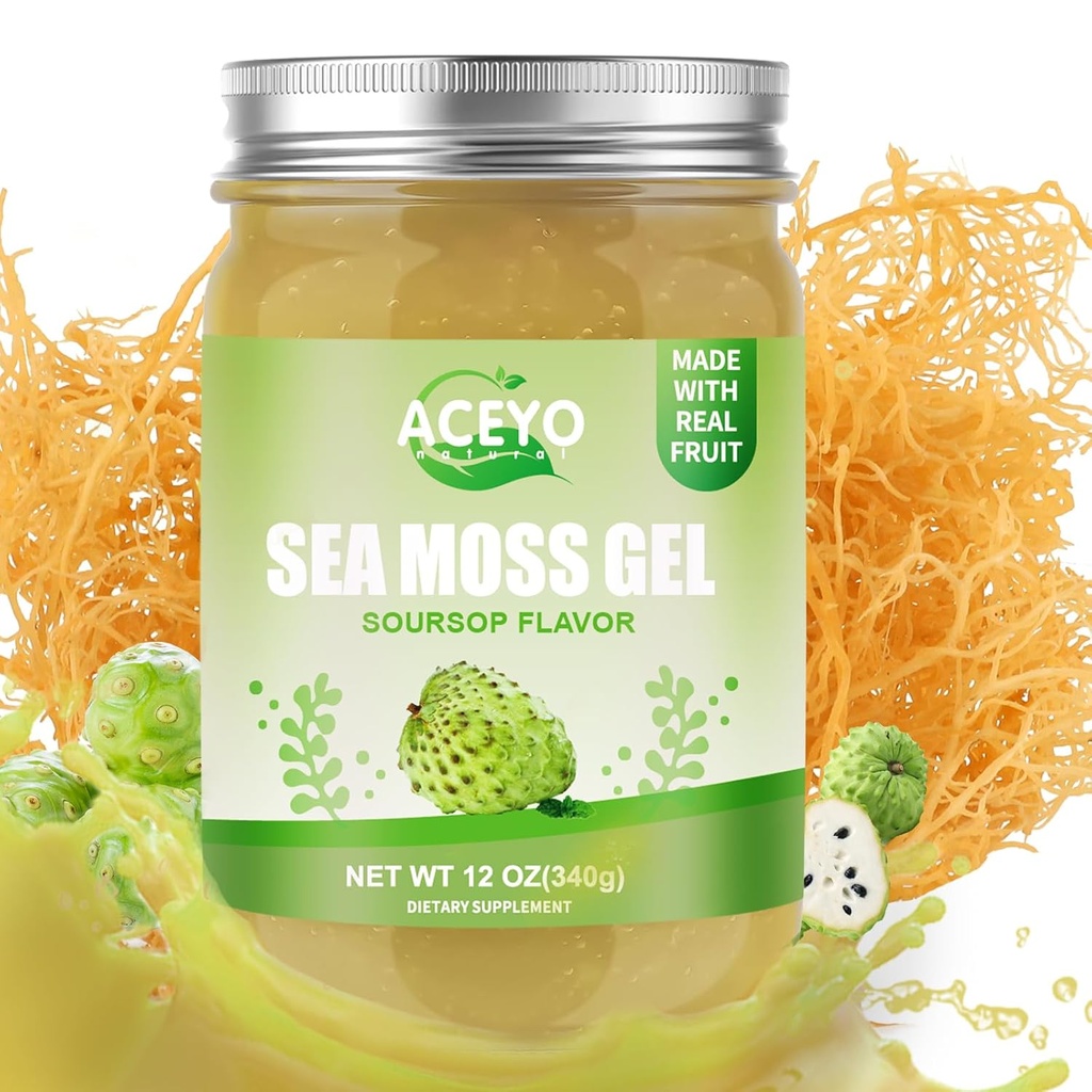 ACEYO (12 OZ) Irish Sea Moss Gel Organic Raw Vegan Soursop Flavor 102 Vitamine und Mineralien Wild Harvested Non-GMO Immun & Digestion Support