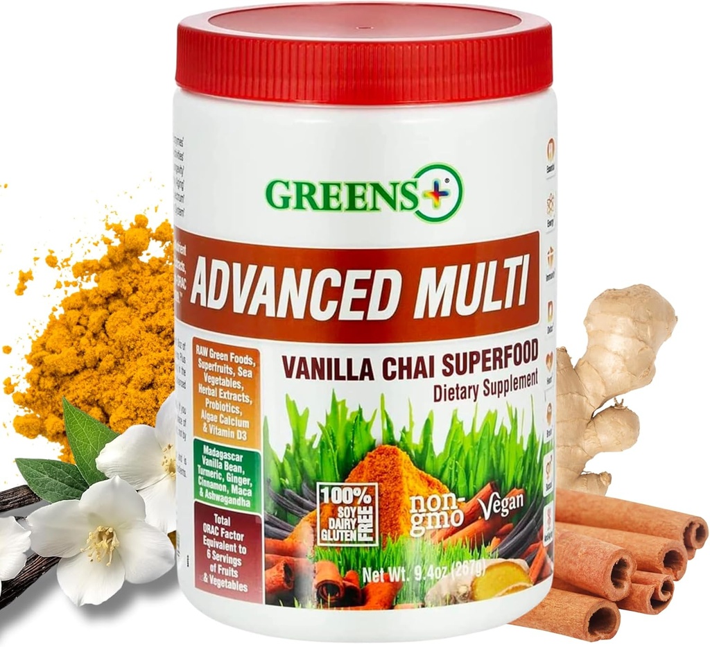 Grüns+ Advanced Multi Vanilla Chai Superfood Powder, Organic Healthy Blend for Morning Vitality, Nutrition, Vibrant Health, Nahrungsergänzungsmittel, Vitamine Mineralstoffe, Vegan, Soy/Dairy/Gluten Free(9.4oz)