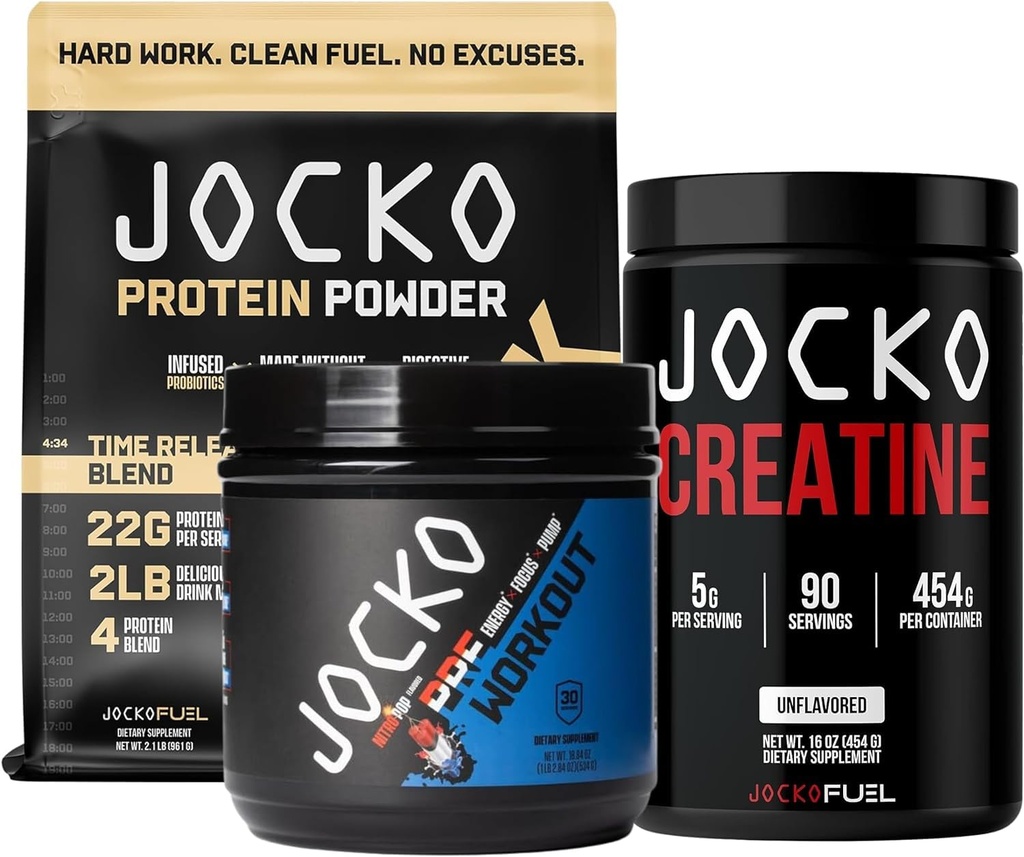 Jocko Fuel Pre Workout, Protein Powder, & Creatine Bundle (Pack mit 3)