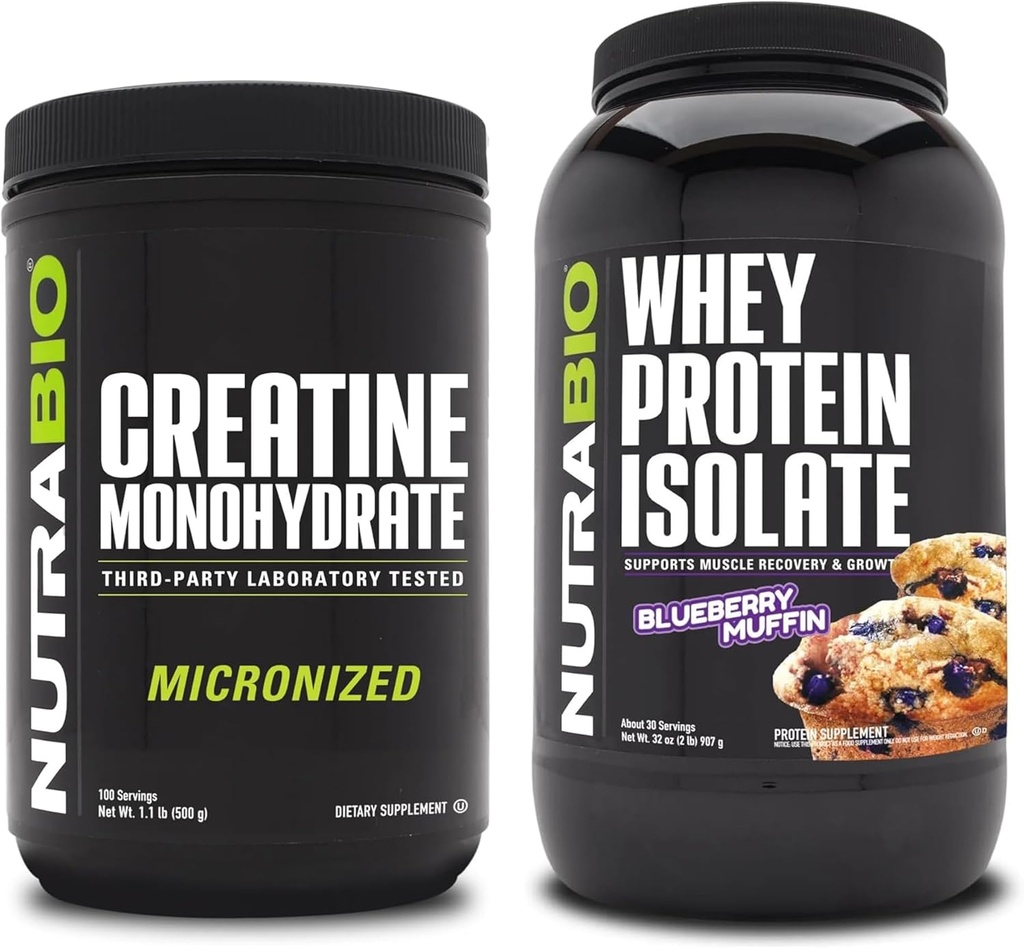 NutraBio Creatine Monohydrat, Unflavored, 500g und Whey Protein Isolate, Blueberry Muffin, Supplement Bundle - Muskelenergie, Lean Muskelwachstum, Erholung und Stärke