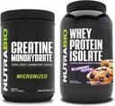 NutraBio Creatine Monohydrat, Unflavored, 500g und Whey Protein Isolate, Blueberry Muffin, Supplement Bundle - Muskelenergie, Lean Muskelwachstum, Erholung und Stärke