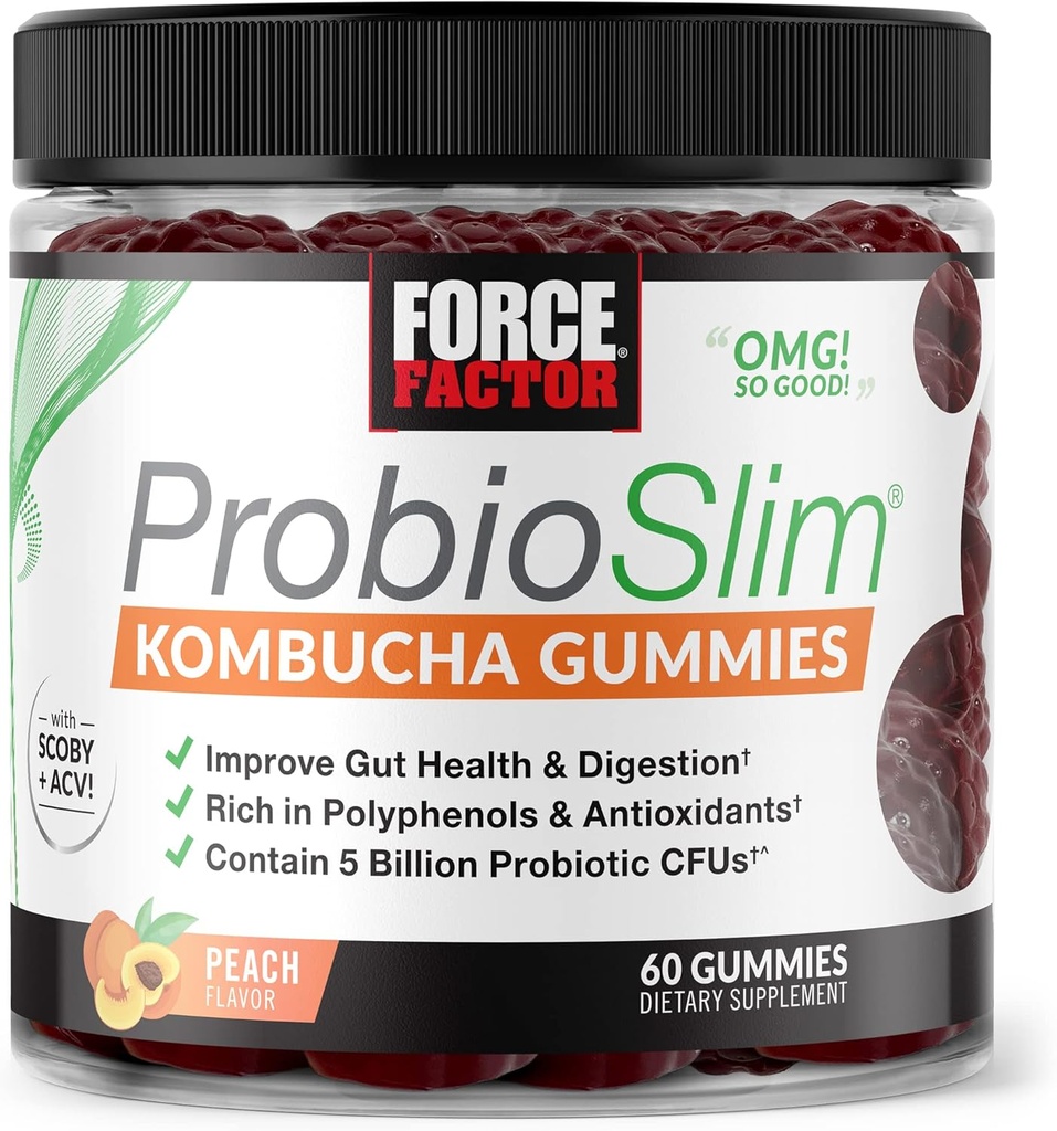 Force Factor ProbioSlim Kombucha Gummis für Verdauungsgesundheit, Probiotika für Frauen und Probiotika für Männer Made with 5 Billion CFUs, Kombucha SCOBY Probiotic Gummies, Peach, 60 Gummies
