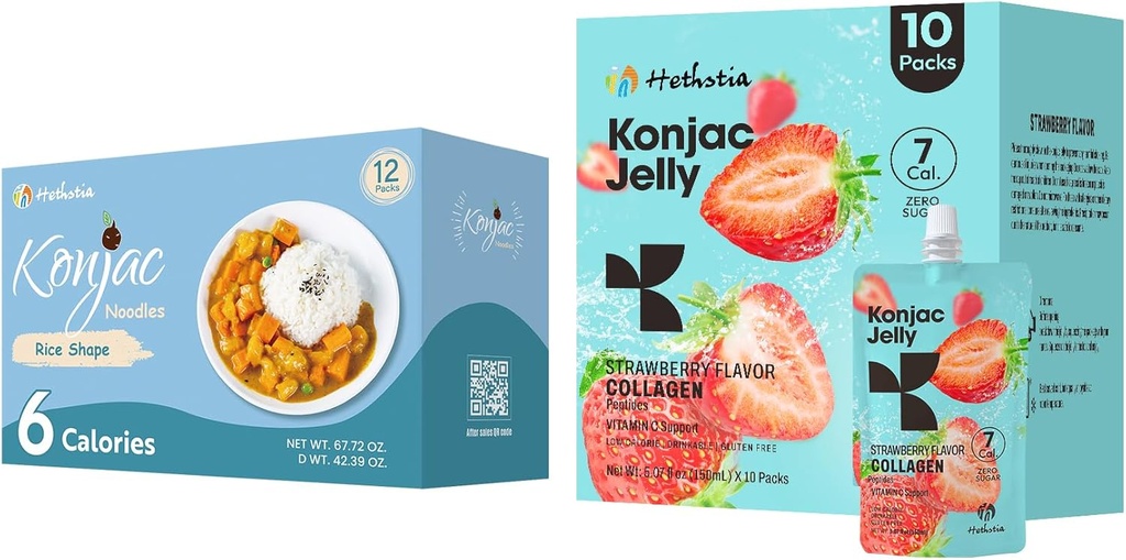 Hethstia Konjac Jelly Strawberry Flavor mit Collagen Peptides 10 Packs und Konjac Rice Gluten Free 12 Packs Low Calorie, Keto, Sugar Free, Healthy Food