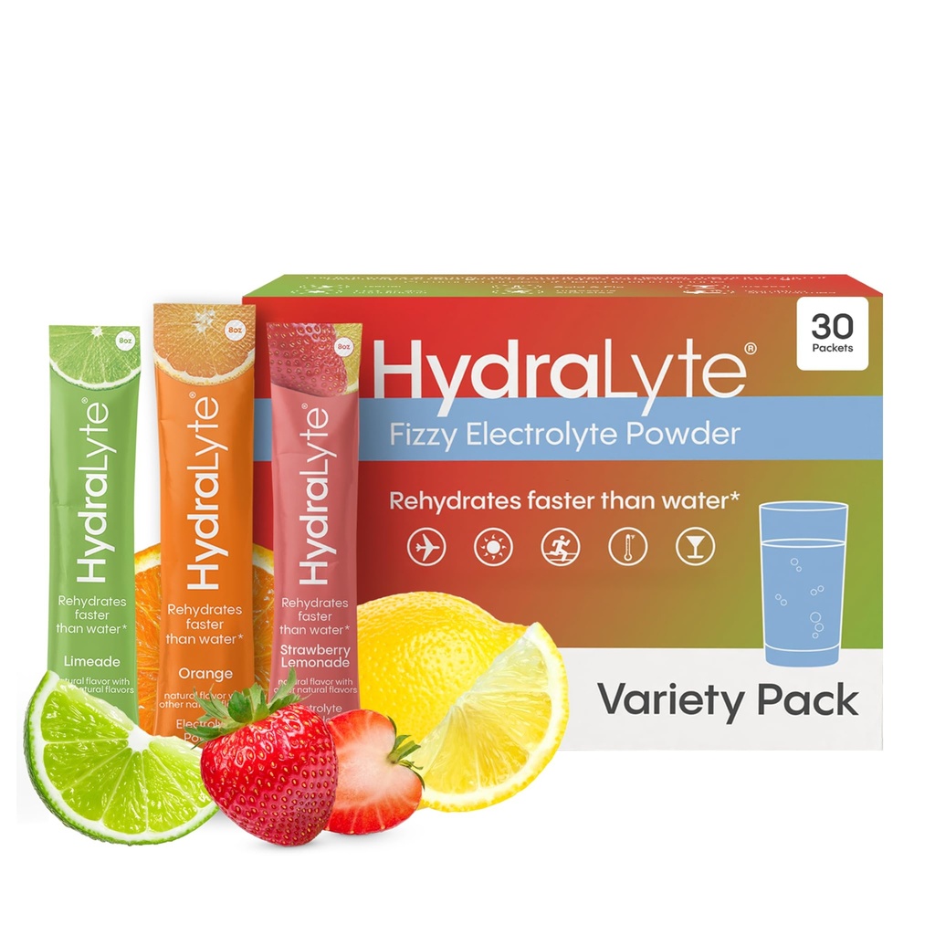 Hydralyte Low Sugar Rapid Rehydration - Leichte Funkelnde Elektrolyt-Pulver-Packets, 8 oz Serve | Variety Hydration Packets | Hydration für Hitze, Reisen, Übungen und Bachelorette-Parteien (30 Zähler)