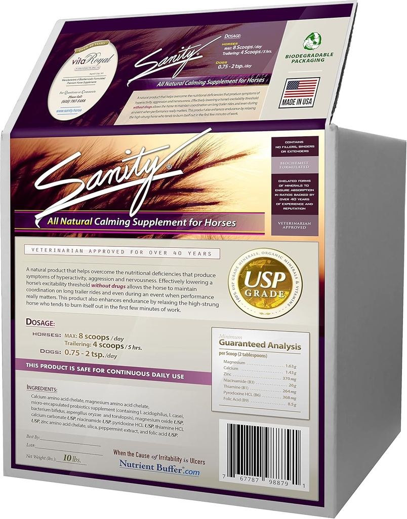 Sanity - Equine Behavioral Calming Focus Supplement für Pferde - Magnesium, Calcium, Zink, B Vitamine, Aminosäuren, Probiotika, Thiamin, Folsäure, Niacin, Pfefferminz &amp; Mehr