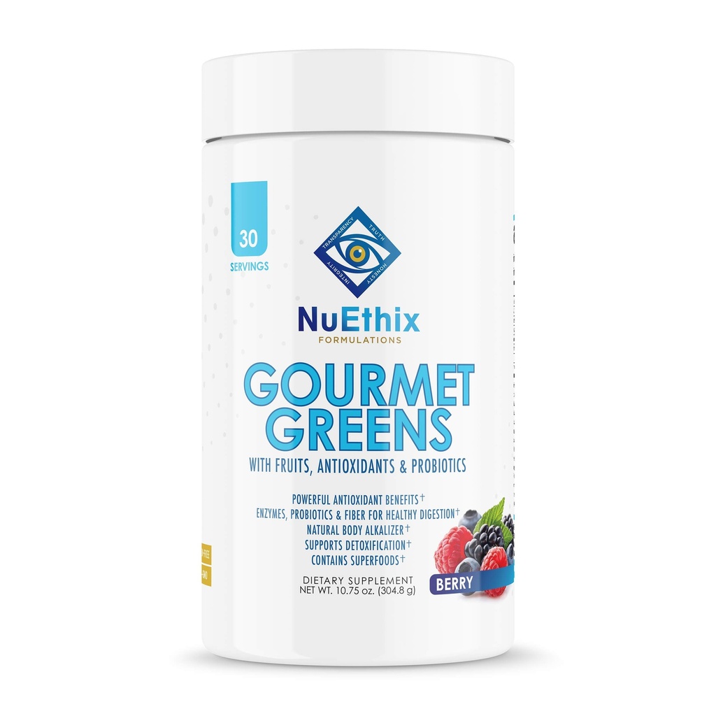 NuEthix Formulierungen Gourmet Greens Trinkpulver Nahrungsergänzung mit Obst und Gemüse Superfoods und Probiotika, Berry, 30 Servierungen