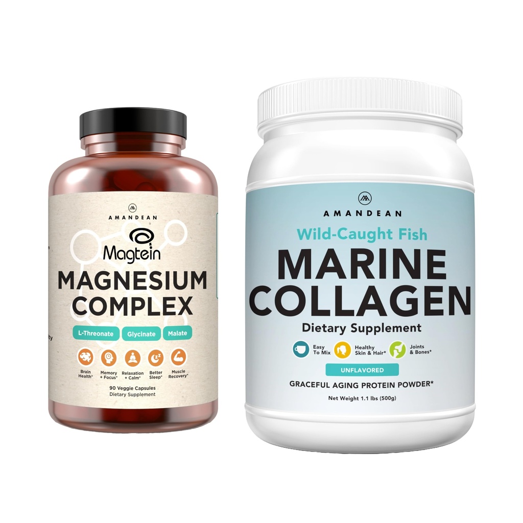 AMANDEAN Premium Magnesium Complex & Marine Collagen Bundle. High-Absorption Magnesium Threonat, Glycinat & Malate. Wild-Caught Hydrolyzed Fish Collagen Protein. Unterstützung Qualität Schlaf, Haut & Stimmung