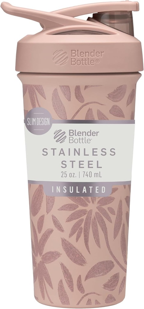 BlenderBottle Strada Flip Shaker Cup Isolierte Edelstahl Wasserflasche mit Draht Whisk, 25-Ounce, Braune Blumen