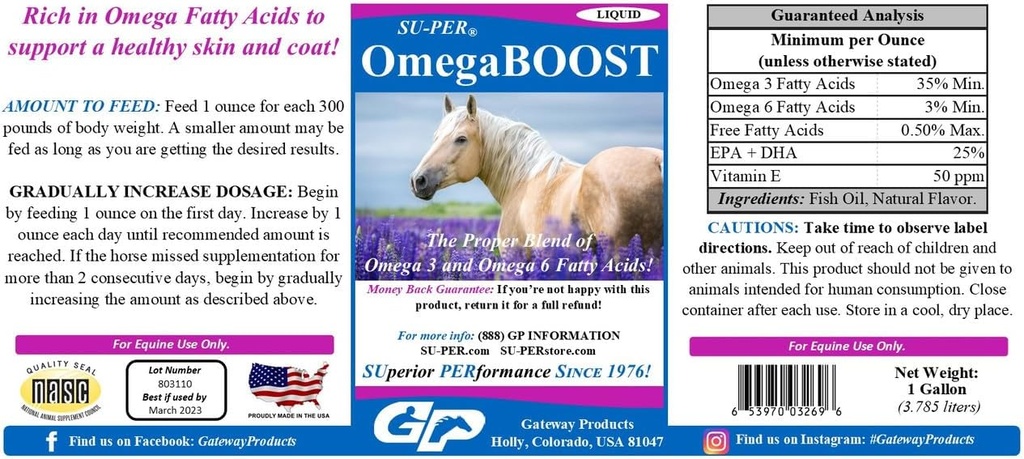 SU-PER OmegaBOOST Fischöl für Pferde - Premium Omega 3 und Omega 6 Fettsäuren Beilage - Unterstützt gesunde Haut und Mantel - 1 Gallon