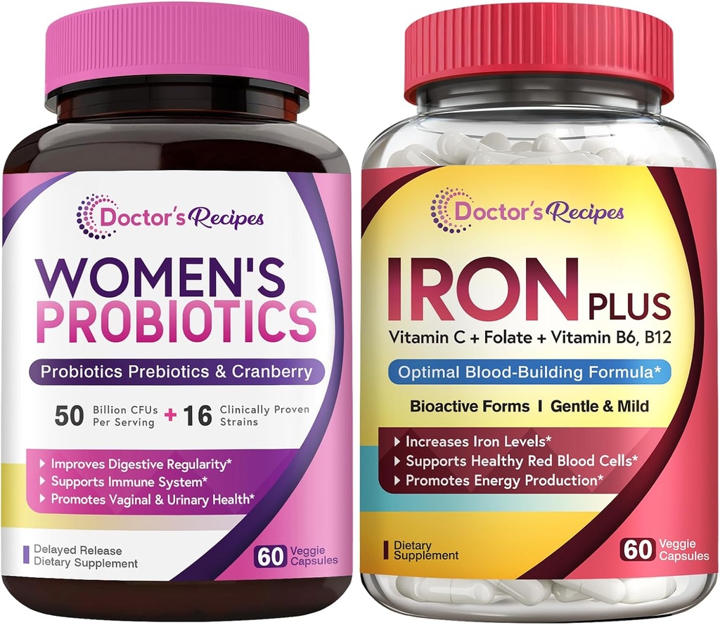 Ärzte Rezepte Frauen Probiotic & Iron Plus Bundle, feminine Gesundheit & Blut Unterstützung, Probiotische Kapseln 60ct & Eisen Kapseln 60 ct