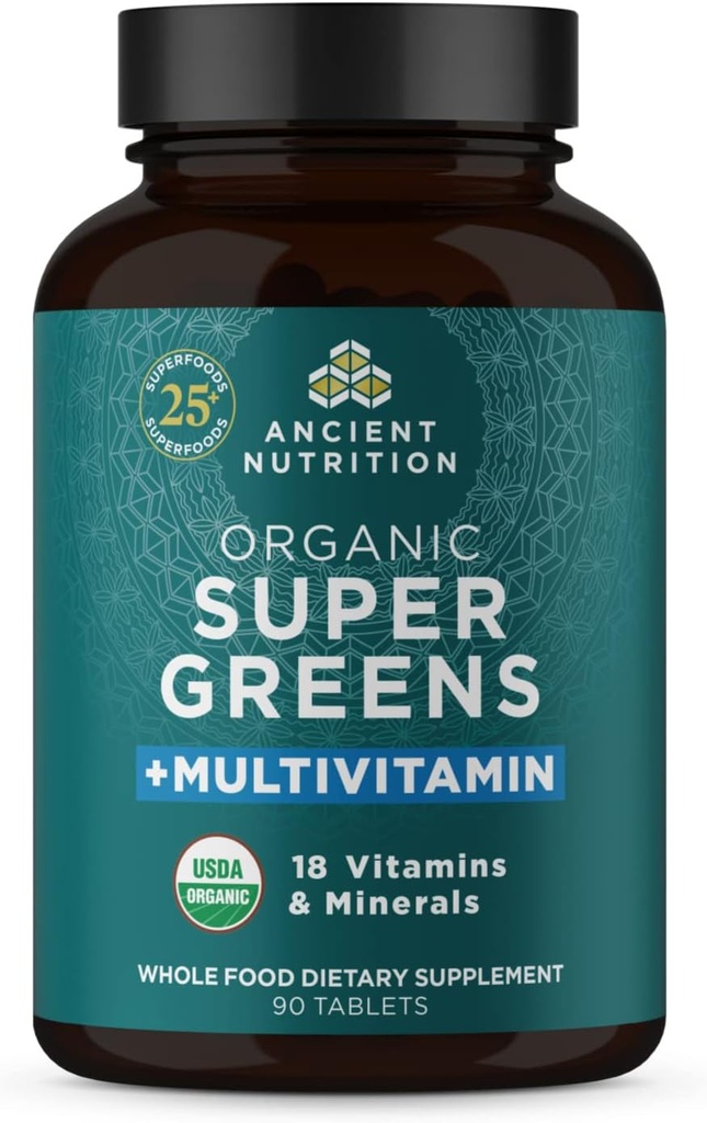 Antike Ernährung Supergreens Multivitamin Tabletten, Bio-Superfood-Pulver mit Multivitaminen aus echten Früchten, Gemüse und Kräutern, für Verdauungs- und Energieunterstützung, 90 Zähler