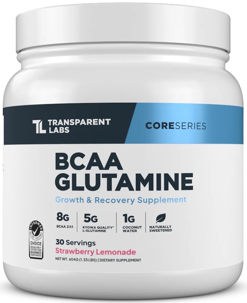 Transparente Labs BCAA Glutamin - 8000 Mg BCAA Pulver mit L Glutamin für Post Workout Erholung, Muskelwachstum, & Erhöhte Ausdauer - 30 Servierungen, Erdbeer-Lemonade