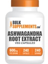 BulkSupplements.com Ashwagandha Root Extract Kapseln - Ashwagandha 600mg, Ashwagandha Supplement, Ashwagandha Root Capsules, Vegan & Gluten Free, 1 Kapseln pro Servieren, 240 Veg Capsules