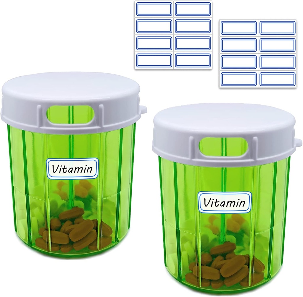 Pill Organizer 4 Compartment 2PCS Pill Dispenser Große tragbare Pille Box Monatliche Medizin Organizer für Pillen, Fischöle, Vitamine, Ergänzungen (Pill Case 2 Pack + Selbstklebende Etiketten)