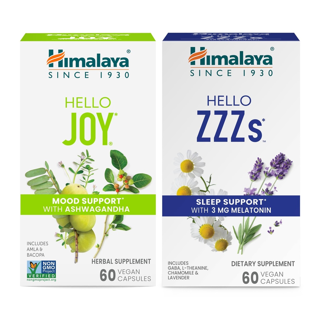 Himalaya Hello Joy with Ashwagandha for Improving Mood and Spirits & Hello ZZZs with Melatonin for Sleep Support, 60 Capsules Each - Bundle