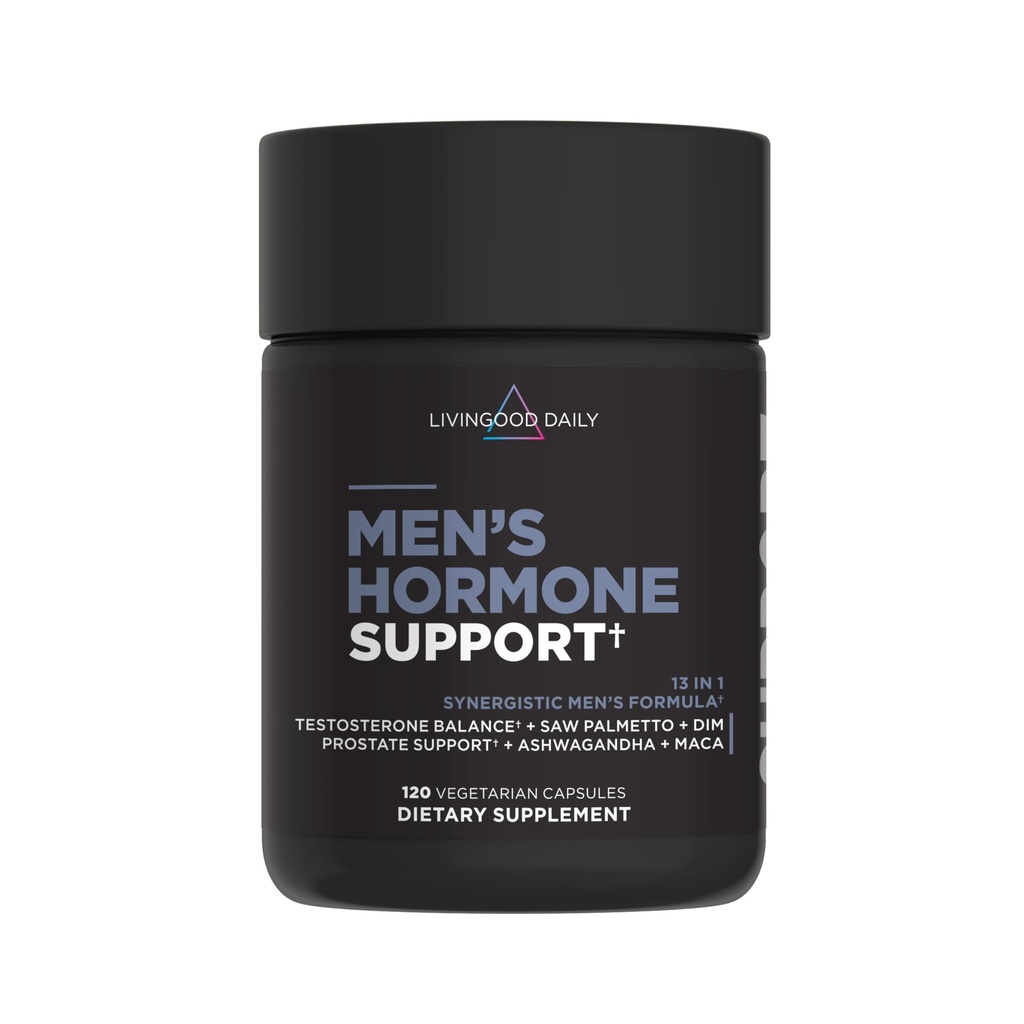 Livingood Daily Men's Hormone Support Supplement for Vitality & Balance, 14-in-1 Testosterone Booster for Men with Ashwagandha, Maca, DIM, Zinc, Saw Palmetto, Vitamin B12 & More, Vegan, 120 Capsules