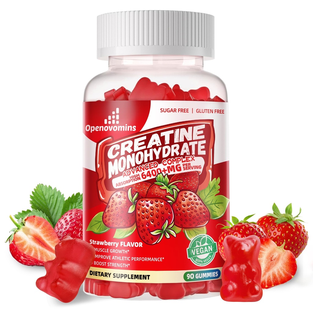 Creatine Monohydrate Gummies Complex für Männer & Frauen - Fortgeschrittene Formel W/L-Taurine + Vitamin B12, Sugar Free Chewable Supplement,90 Strawberry Gummies