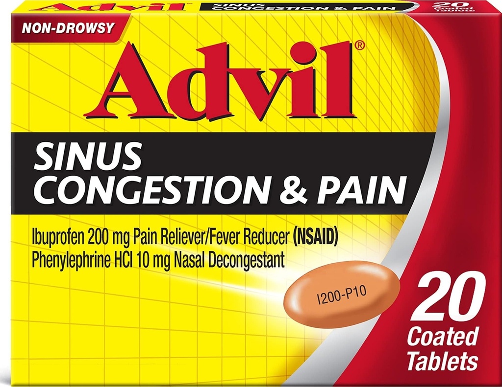 Advil Sinus Congestion and Pain, Sinus Relief Medicine, Pain Reliever und Fever Reducer mit Ibuprofen und Phenylephrine HCl - 20 Beschichtete Tabletten