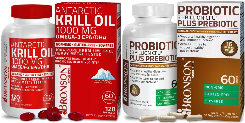 Bronson Probiotic 50 Billion CFU + Präbiotisch mit Apple Polyphenole & Ananas Frucht Extrac Antarktis Krill Öl 1000 mg mit Omega-3s EPA DHA