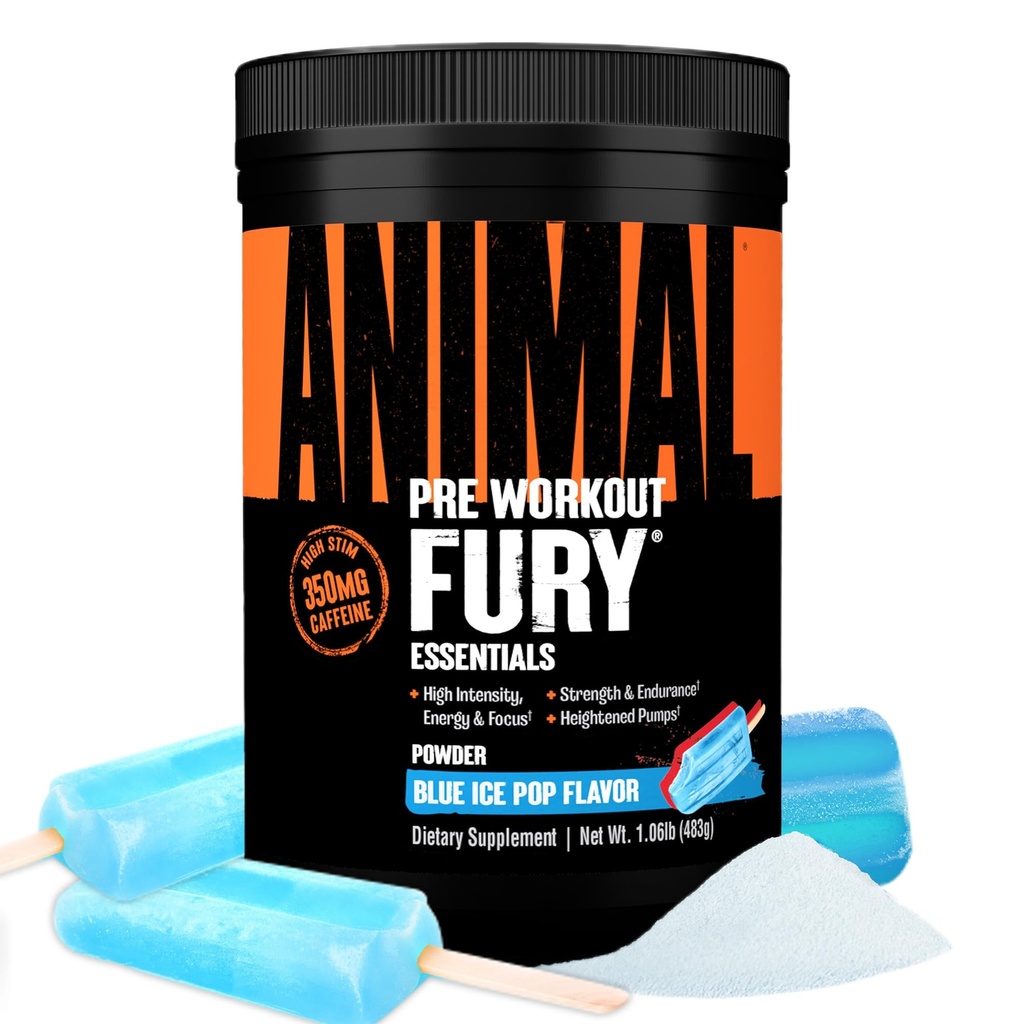Animal Fury Pre Workout Powder – Blue Ice Pop, 350mg Koffein, BCAA Aminosäuren, 2g Beta Alanine, Citrulline & Tyrosin, Energie, Fokus, Stärke, Ausdauer, Preworkout für Männer & Frauen, 30 Servierungen