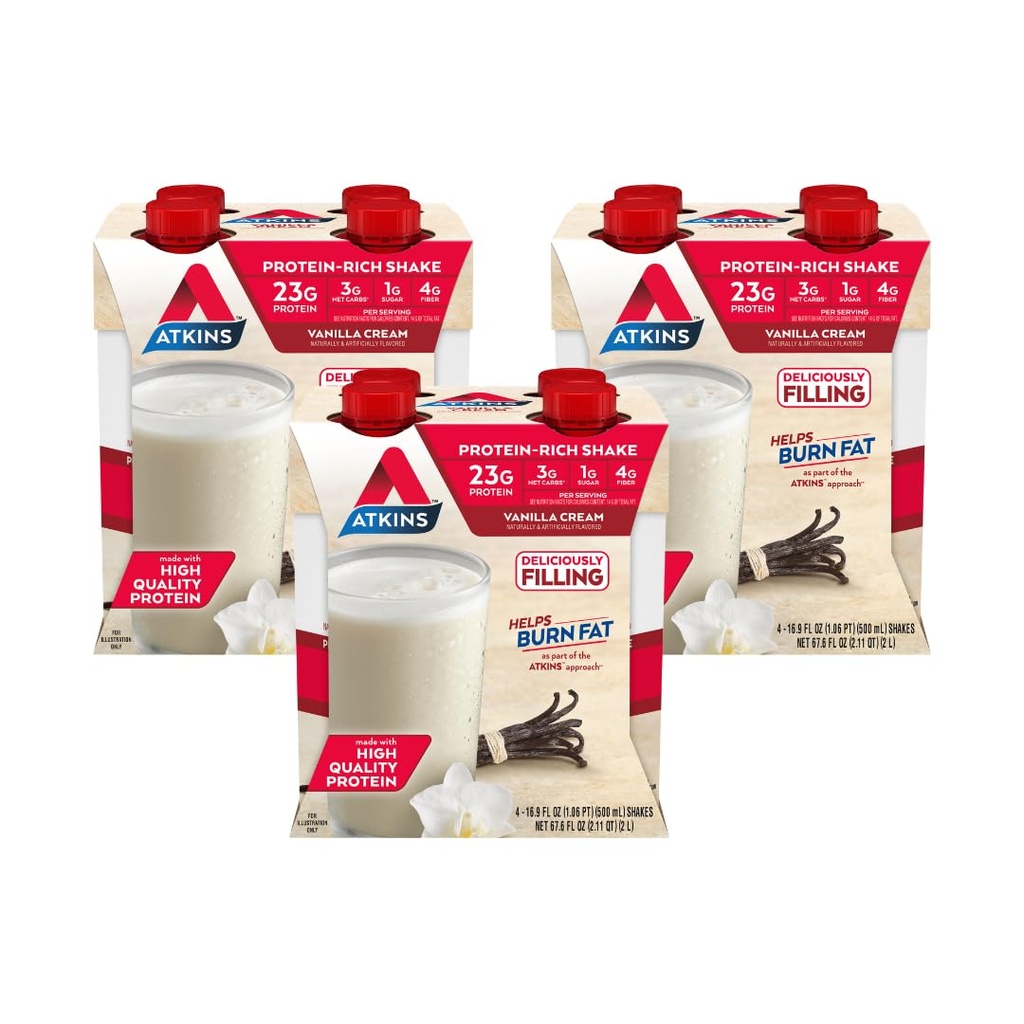 Atkins Vanilla Cream Meal Size Protein Shake, 23g Protein, Low Glycemic, 3g Carb, 1g Zucker, Keto Friendly