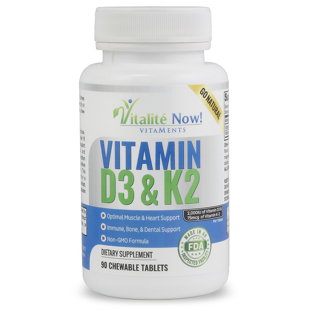 Bestes Vitamin D3 2000 IU + K2 - Optimierte Absorption in bester Form MK7 für Lung Health, Strong Bones & Healthy Heart - All Natural - Cherry Flavor - 90 Kautabletten - 3 Monate Versorgung!