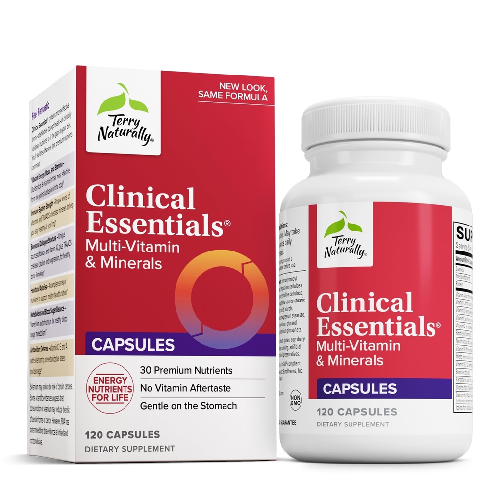 Terry Naturally Clinical Essentials - Ergänzung zu Hilfe Knochen, Herz-Kreislauf- & Immun-Gesundheit - Ergänzung mit Chelatmineralien - Ergänzung mit B-Vitaminen & Vitamin C - 120 Kapseln