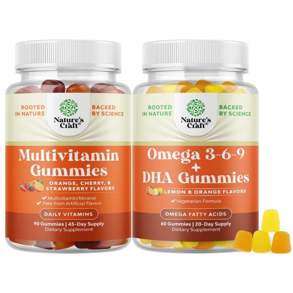 Bundle Multivitamin Gummis - Halal Multivitamin Gummy mit B12 Biotin Zinc & Vitamin D und Vegetarian Omega 3 6 9 DHA Gummis für Gehirn Knochen Herz Gesundheit und Gelenkunterstützung - Burpless Fish Free