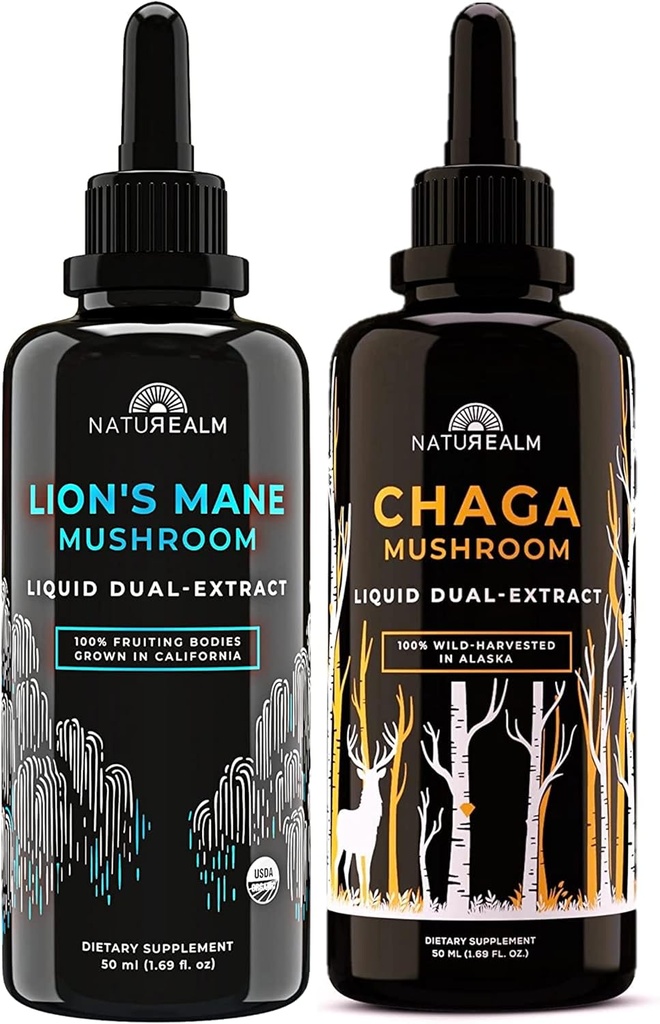 Naturealm Lion's Mane & Chaga Mushroom Extract - Adaptogen Stack for Focus, Immunity, Longevity, Stress Relief, Gut Health, Anti-Aging, Energy & More - Organic Liquid Drops - 50 mL Jeder (2 Pack)