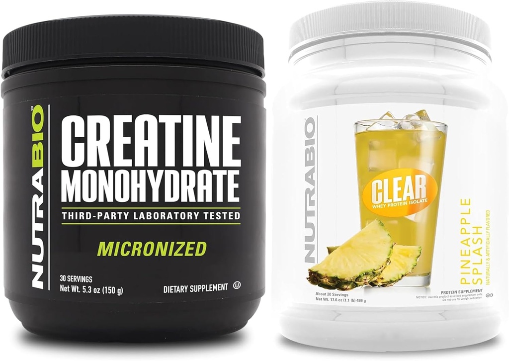 NutraBio Creatine Monohydrate, Unflavored, (150 g) und Clear Whey Protein Isolate, (Pineapple Splash) Supplement Bundle – Muskelenergie, maximales Wachstum, Erholung und Stärke