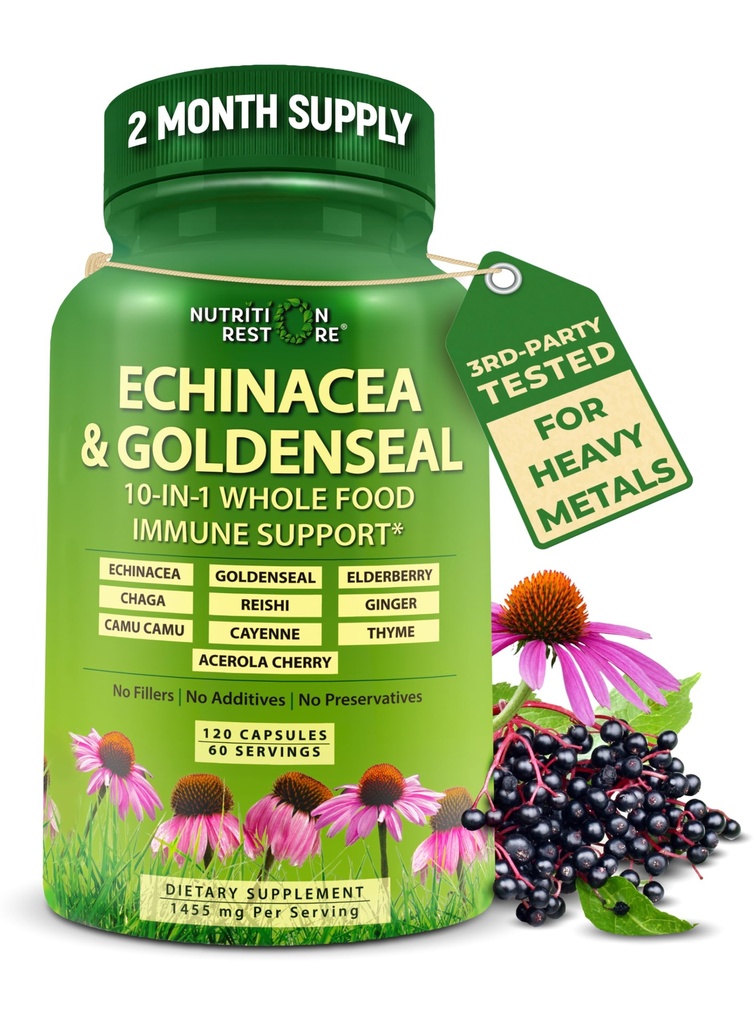 Echinacea Goldenseal Kapseln - 10 in 1 Immununterstützungsergänzung - 1455mg - Vegan Echinacea Kapseln Ergänzung Made With Organic Whole Foods - Herbal Immunsystem Unterstützung - 2 Monate Versorgung