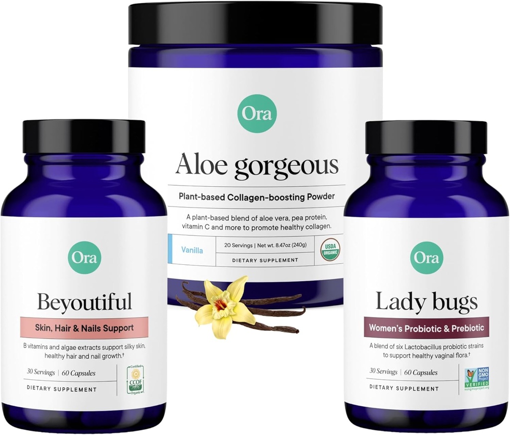 Ora Organic Vegan Collagen, Probiotics, Prebiotics &amp; BeYouTiful Bundle: Aloe Vera - Vanilla Flavor, 20 Servierungen + 60 Vegan Probiotische Kapseln + Haar, Haut, & Nails Unterstützung, 60 Vegan Kapseln