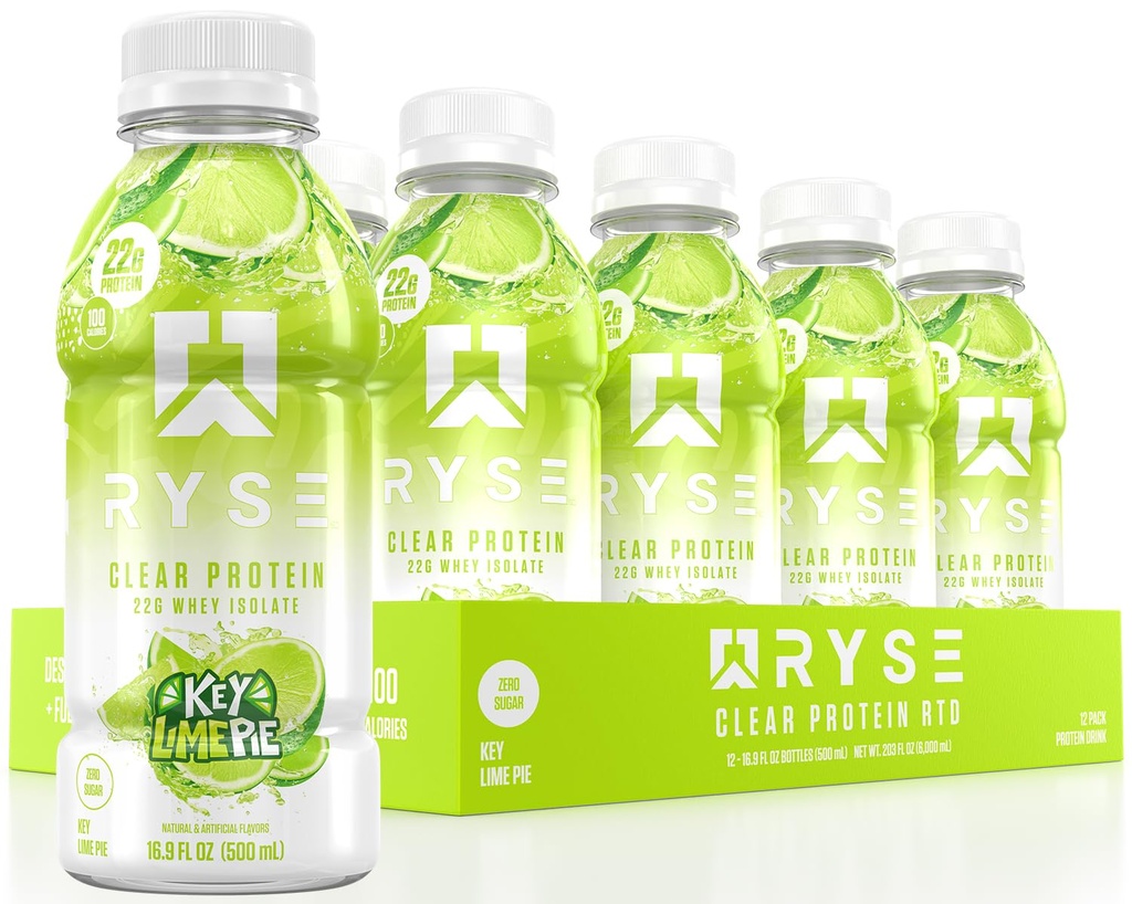 RYSE Clear Protein Drink - Key Lime Pie - 100 Kalorien, 22g Whey Isolate Protein Shake, Sugar-Free, 0g Fat & Lactose-Free - Refreshing Ready-to-Drink Beverage - 16,9 fl oz Flaschen (12-Pack)