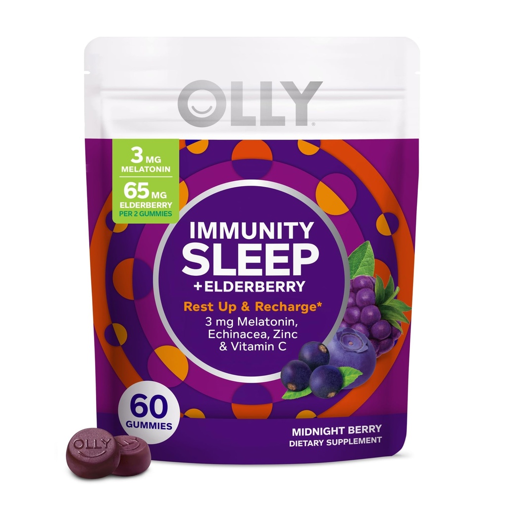 OLLY Immunität Schlaf Gummy, Immun und Schlafunterstützung, 3mg Melatonin, Echinacea, Zink, Vitamin C, Kautable Supplement, Berry - 60 Count
