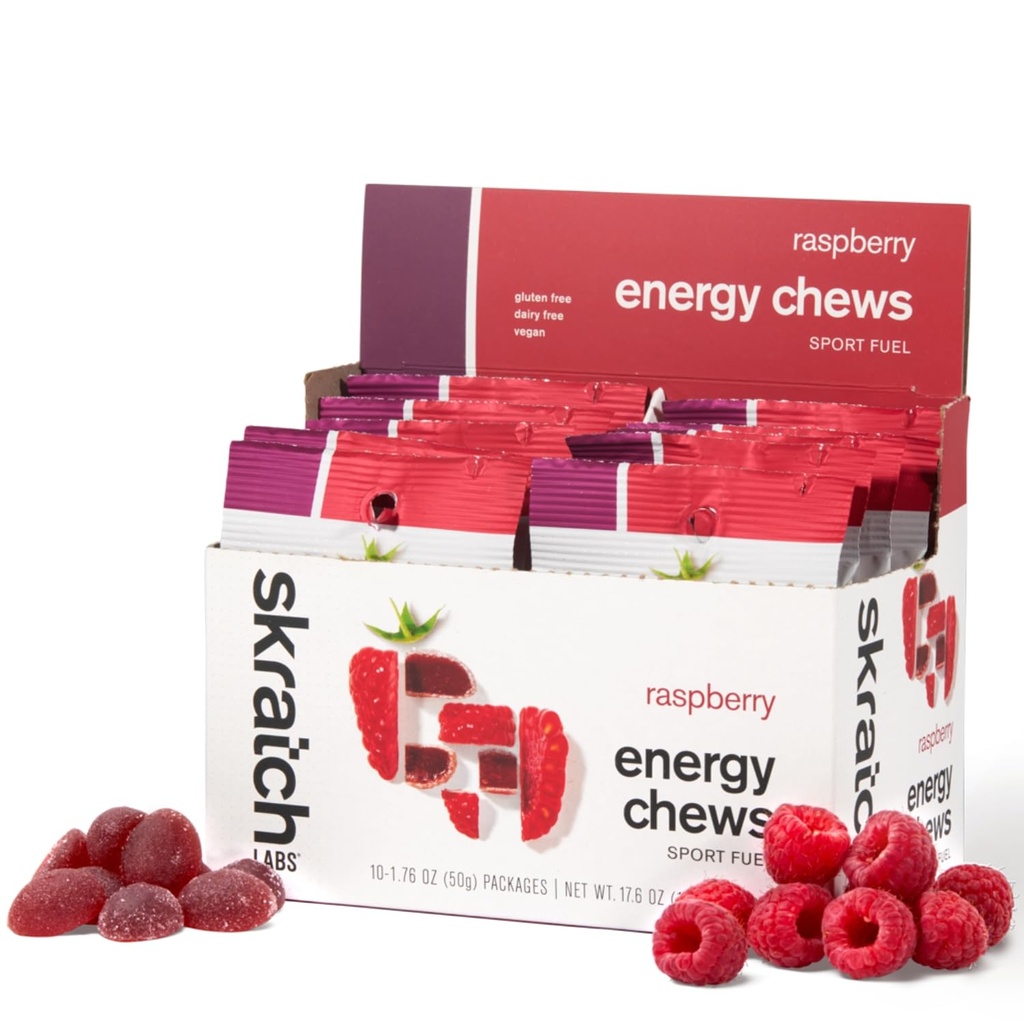 Schkrats Energy Chews | Gummis für Laufen, Radfahren und Sportleistung | Gel Alternative | Raspberry (10 Pack) | Glutenfrei, Vegan