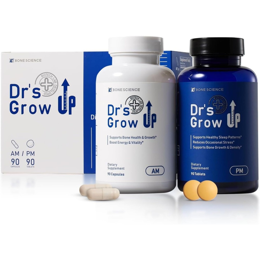 BONE SCIENCE - Dr's Grow UP AM & PM - Premium Daily Nutritional Support for Kids & Teens, Bone & Joint Health und Immune Support, Morning & Night Formula - 90 Kapseln & 90 Tabletten