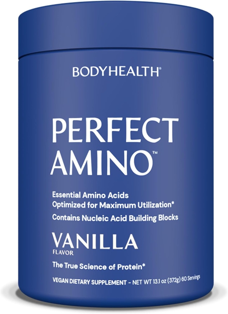 BodyHealth PerfectAmino Powder - BCAA und EAA Pulver für Pre- und Post Workout - Aminosäure Energy Drink für Männer und Frauen, um Lean Muskel und Erholung zu unterstützen - Vanille - 60 Servietten