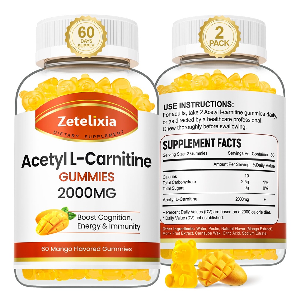 2 Pack Acetyl L-Carnitin Gummie, L-Carnitin Ergänzung für Frauen und Männer, Nahrungsergänzung für Boost Energy, Immunität & Gehirn Gesundheit, Vegan, Non-GMO, Mango Flavor, 120 Count