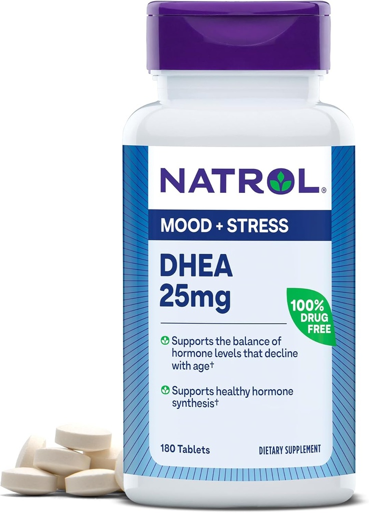 Natrol Mood & Stress DHEA 25mg mit Calcium, Nahrungsergänzung für Balance von bestimmten Hormon-Level und Mood-Unterstützung, 180 Tabletten, 180 Tage Versorgung