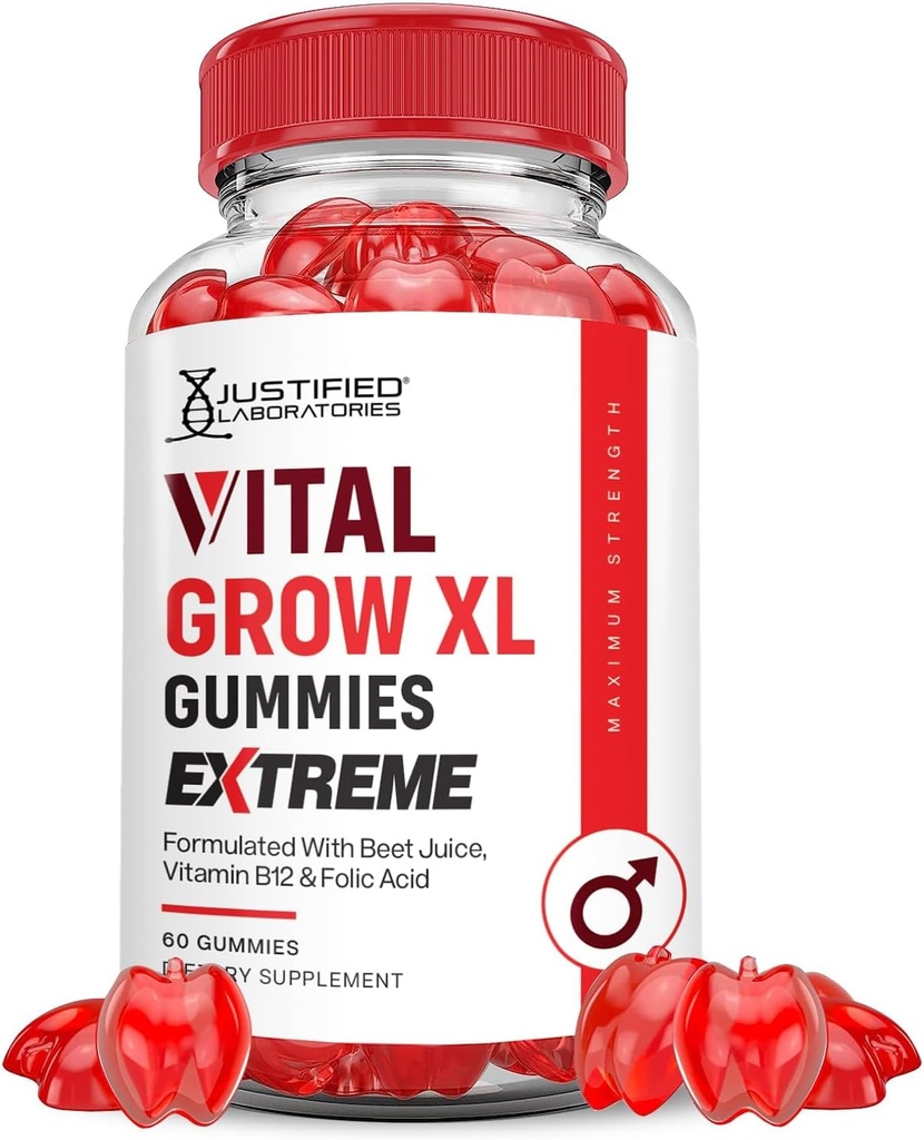 Justified Laboratories Vital Grow XL Extreme 2000MG Performance Gummis Fortgeschrittene Formel Formuliert mit ACV Granatapfel Rübensaft Pulver B12 Vegan Non GMO 60 Gummys