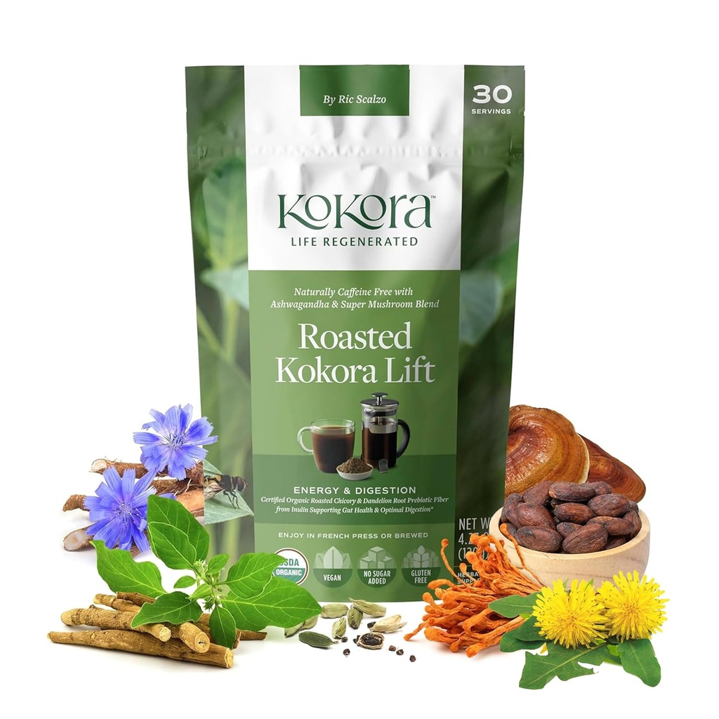 kokora - Roasted Kokora Lift - Dandelion, Chicory, Ashwagandha Root Powder mit Super Pilzen - Erregt und fördert gesunde Verdauung - Vegan, Glutenfrei, Ohne Zucker hinzugefügt - 30 Servierungen - 120g