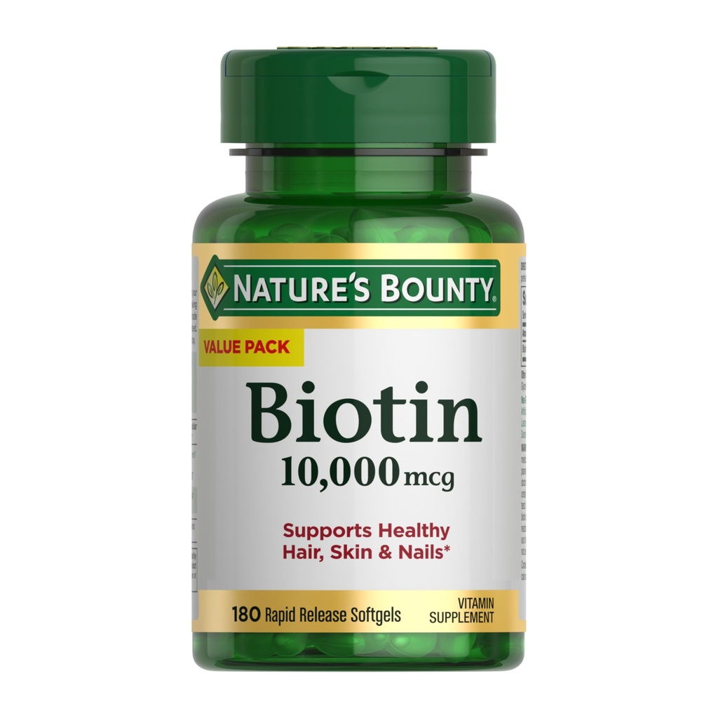 Nature's Bounty Biotin Hair Skin and Nails Vitamins, Unterstützt gesundes Haar, Haut und Nägel, 10.000 mcg, Rapid Release Softgels, 180 Ct