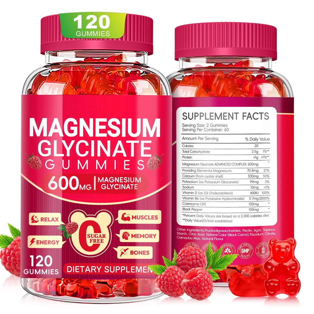Magnesium Glycinate Gummi 600mg, Zucker freie Magnesium-Gummi-Gummi-Gummi-Ergänzungen für Körperunterstützung, Zzz und Entspannung, 120 Zähler