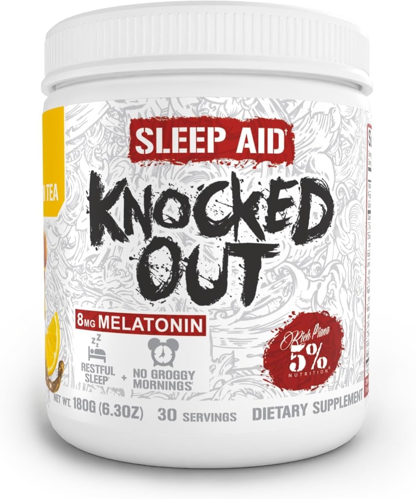 5% Ernährung Rich Piana Knocked Out natürliche Schlafhilfe Pulver | Post-Workout Erholung & Tiefen Schlaf Ergänzung | GABA, Melatonin, Kamille, Tyrosin, 5-HTP, & More | 30 Servierungen (Honey Lemon Tea)
